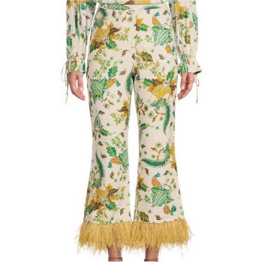 ANTONIO MELANI Floral Boot Cut Pants with Feather Trim